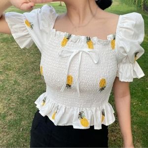 Francesca's Remi Pineapple Embroidered Smocked Top Sz.M